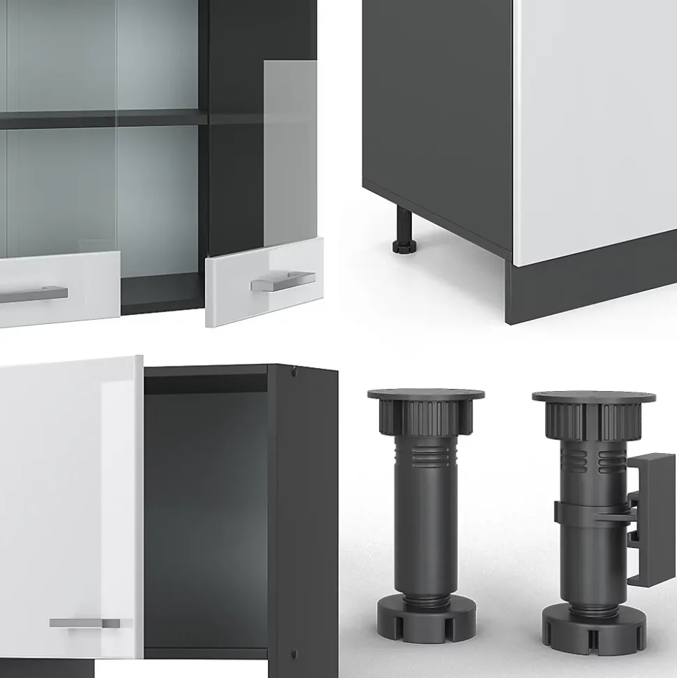 Vicco Cuisine Blanc brillant/Anthracite 300cm avec armoire haute, PT Chêne