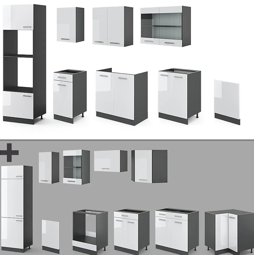 Vicco Cuisine Blanc brillant/Anthracite 300cm avec armoire haute, PT Chêne