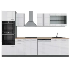 Vicco Cuisine Blanc brillant/Anthracite 300cm avec armoire haute, PT Chêne