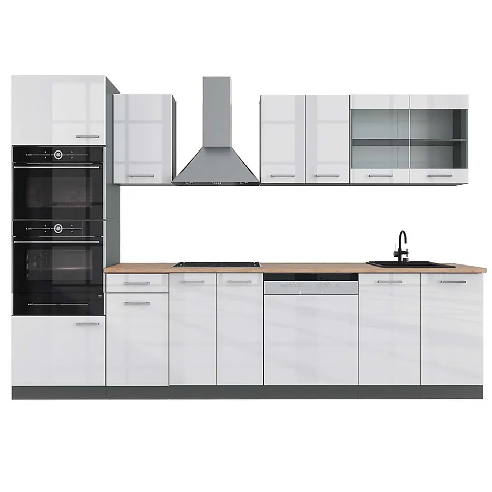 Vicco Cuisine Blanc brillant/Anthracite 300cm avec armoire haute, PT Chêne