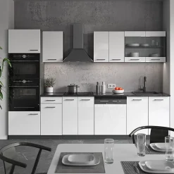 Vicco Cuisine Blanc brillant/Anthracite 300cm avec armoire haute, PT Chêne