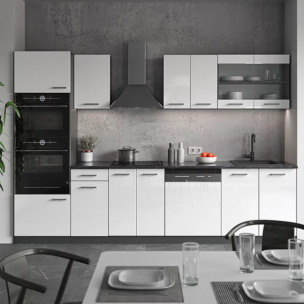 Vicco Cuisine Blanc brillant/Anthracite 300cm avec armoire haute, PT Chêne