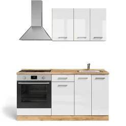 Vicco Cuisine Blanc brillant/Chêne doré 160cm avec meuble four encastrable sans PT
