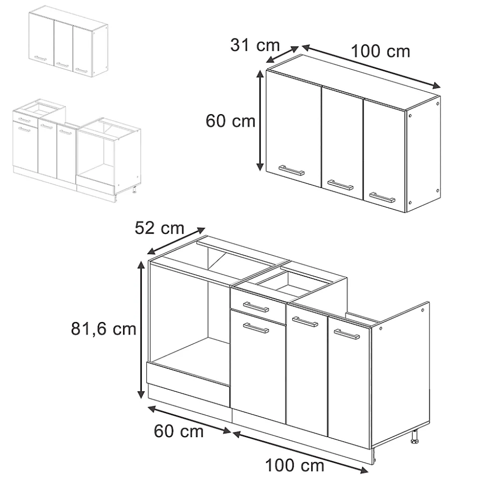 Vicco Cuisine Blanc brillant/Chêne doré 160cm avec meuble four encastrable sans PT
