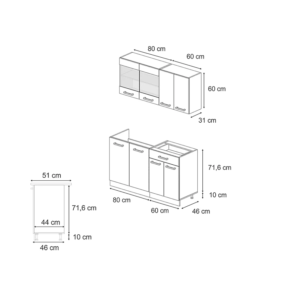 Vicco Cuisine Blanc campagnard/Chêne doré 140cm , PT Anthracite
