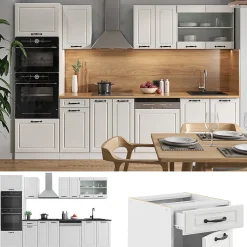 Vicco Cuisine Blanc campagne/blanc 300cm avec armoire haute, sans PT