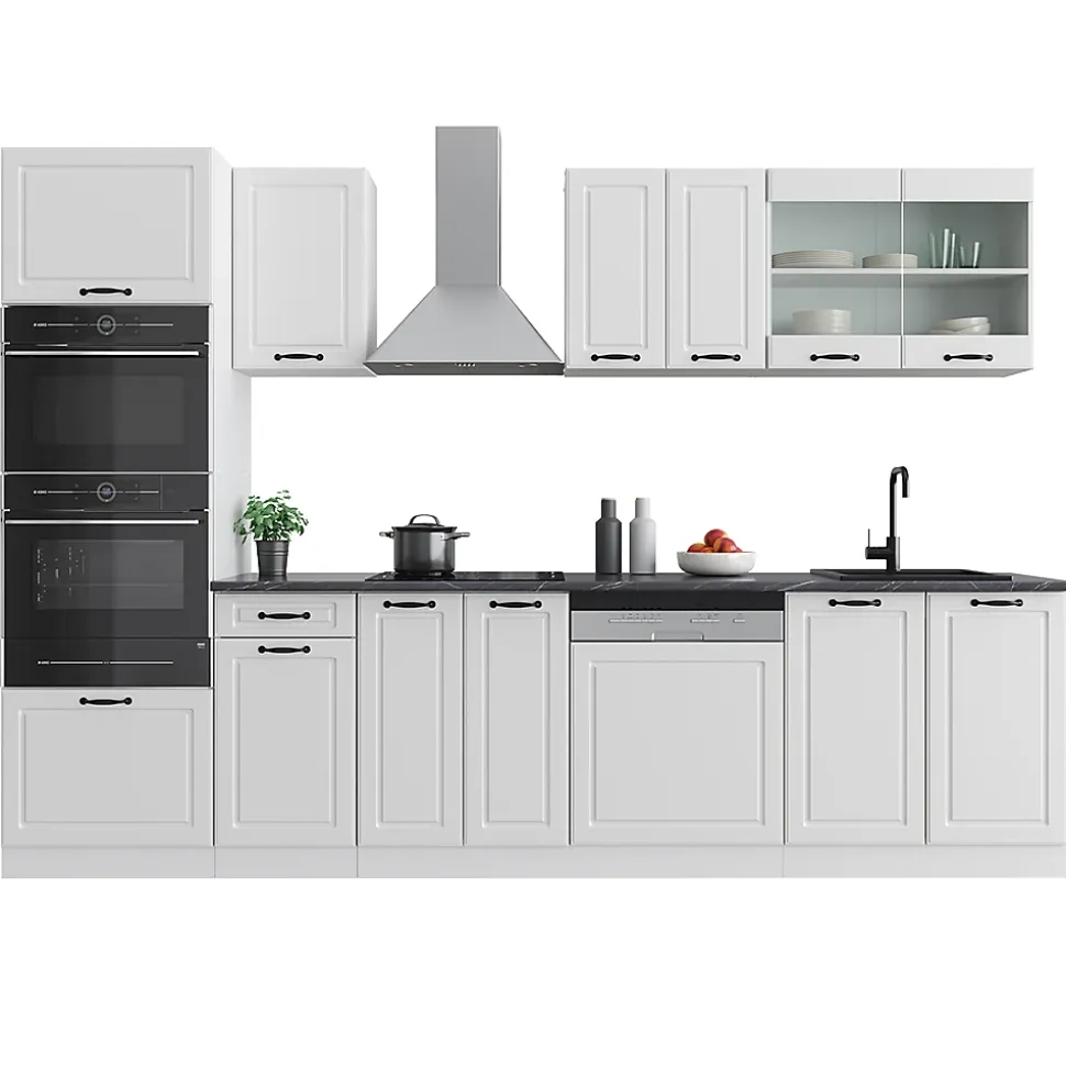 Vicco Cuisine Blanc campagne/blanc 300cm avec armoire haute, sans PT