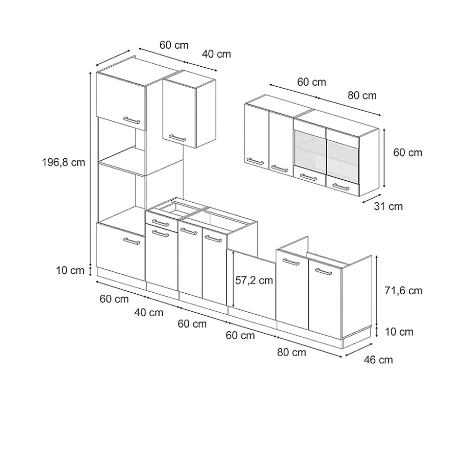 Vicco Cuisine Blanc campagnard/Chêne doré 300cm avec armoire haute, sans PT
