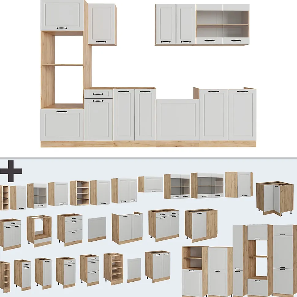 Vicco Cuisine Blanc campagnard/Chêne doré 300cm avec armoire haute, sans PT