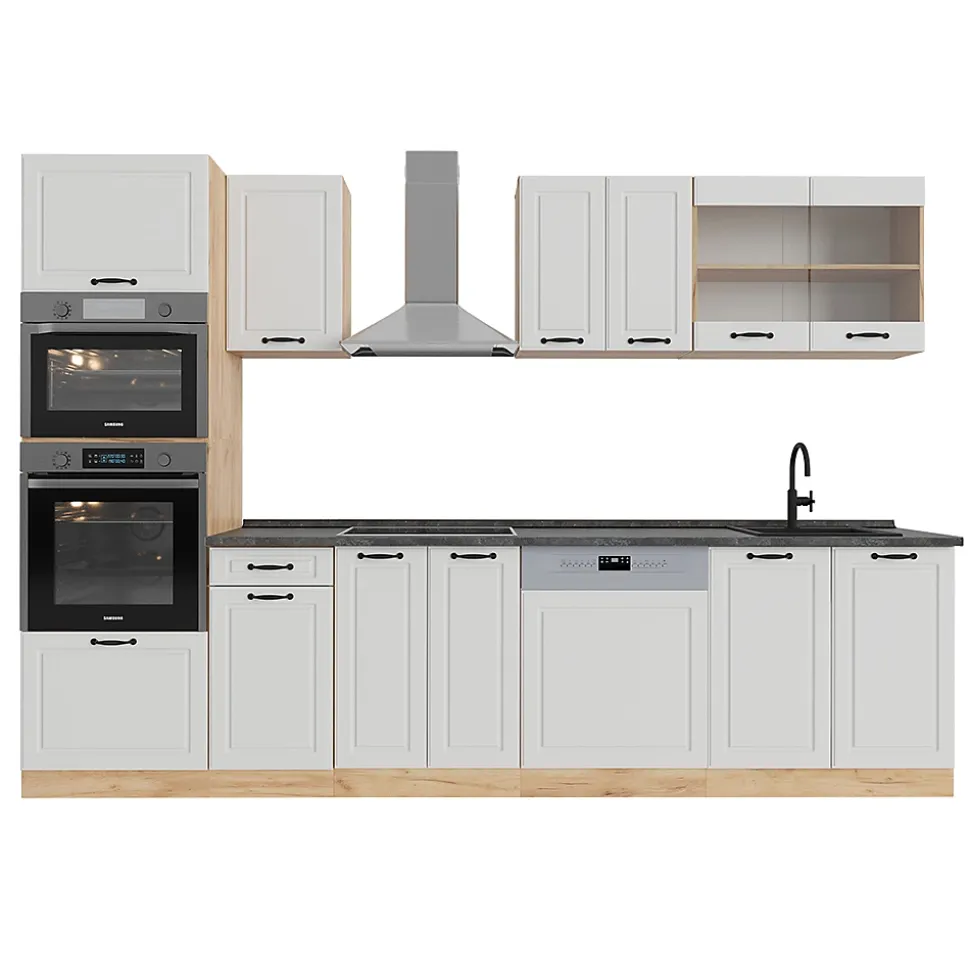 Vicco Cuisine Blanc campagnard/Chêne doré 300cm avec armoire haute, sans PT