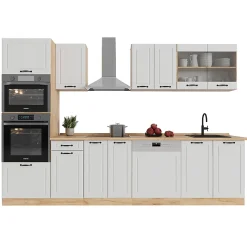 Vicco Cuisine Blanc campagnard/Chêne doré 300cm avec armoire haute, sans PT