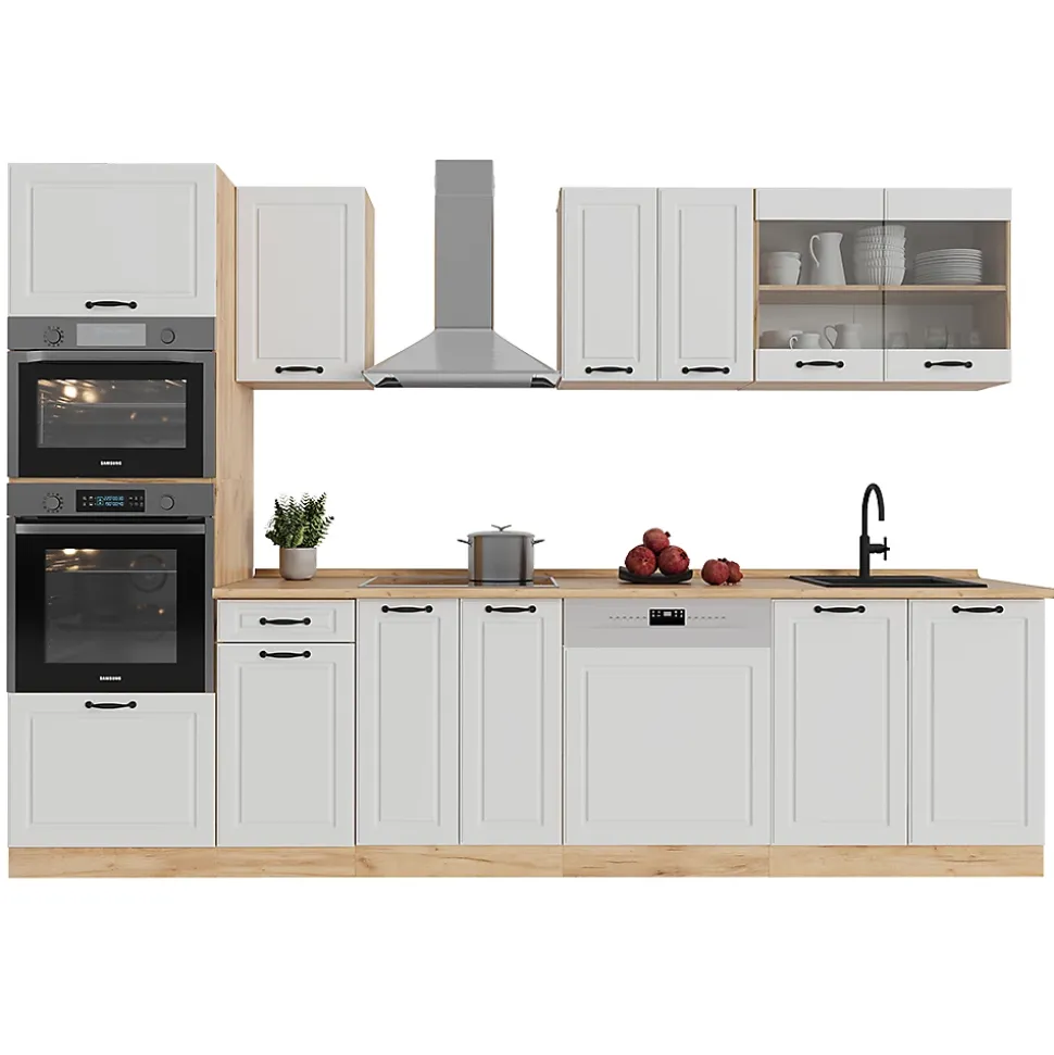 Vicco Cuisine Blanc campagnard/Chêne doré 300cm avec armoire haute, sans PT