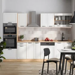 Vicco Cuisine Blanc campagnard/Chêne doré 300cm avec armoire haute, sans PT