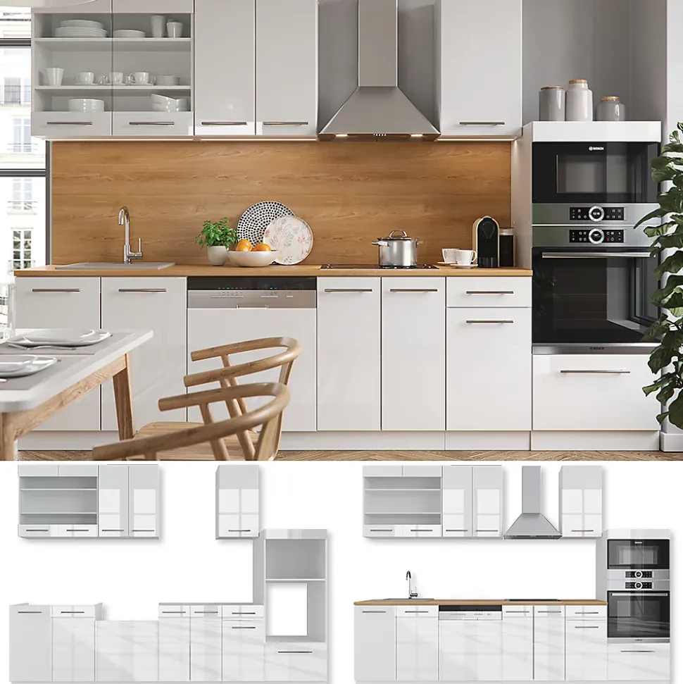 Vicco Cuisine Blanc 300cm avec armoire haute, sans PT