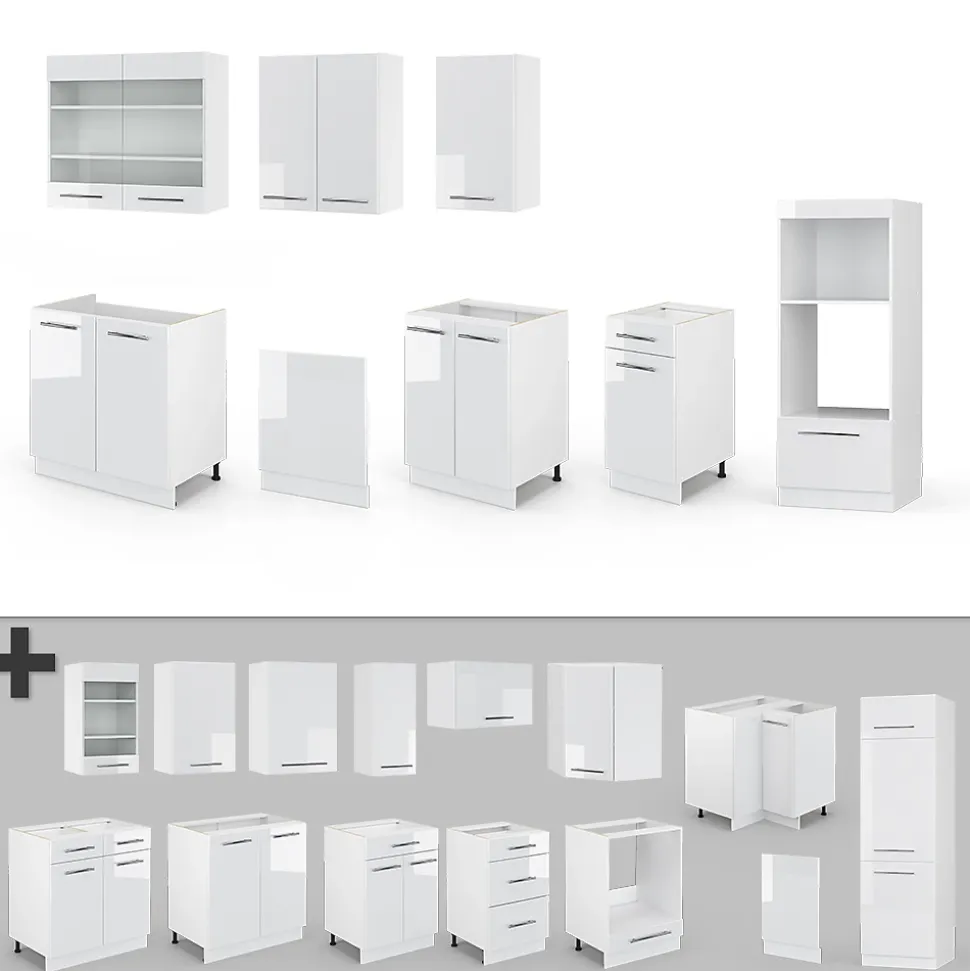 Vicco Cuisine Blanc 300cm avec armoire haute, sans PT