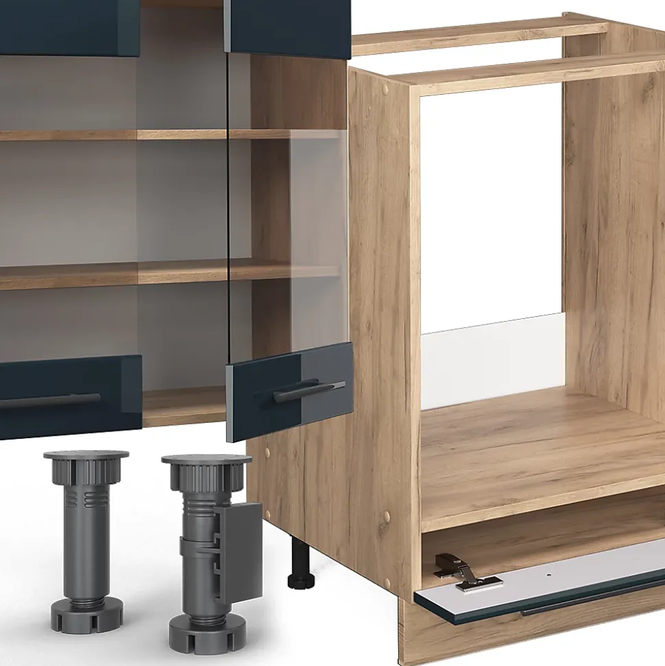 Vicco Cuisine bleu foncé brillant/chêne doré 355cm , PT Marbre