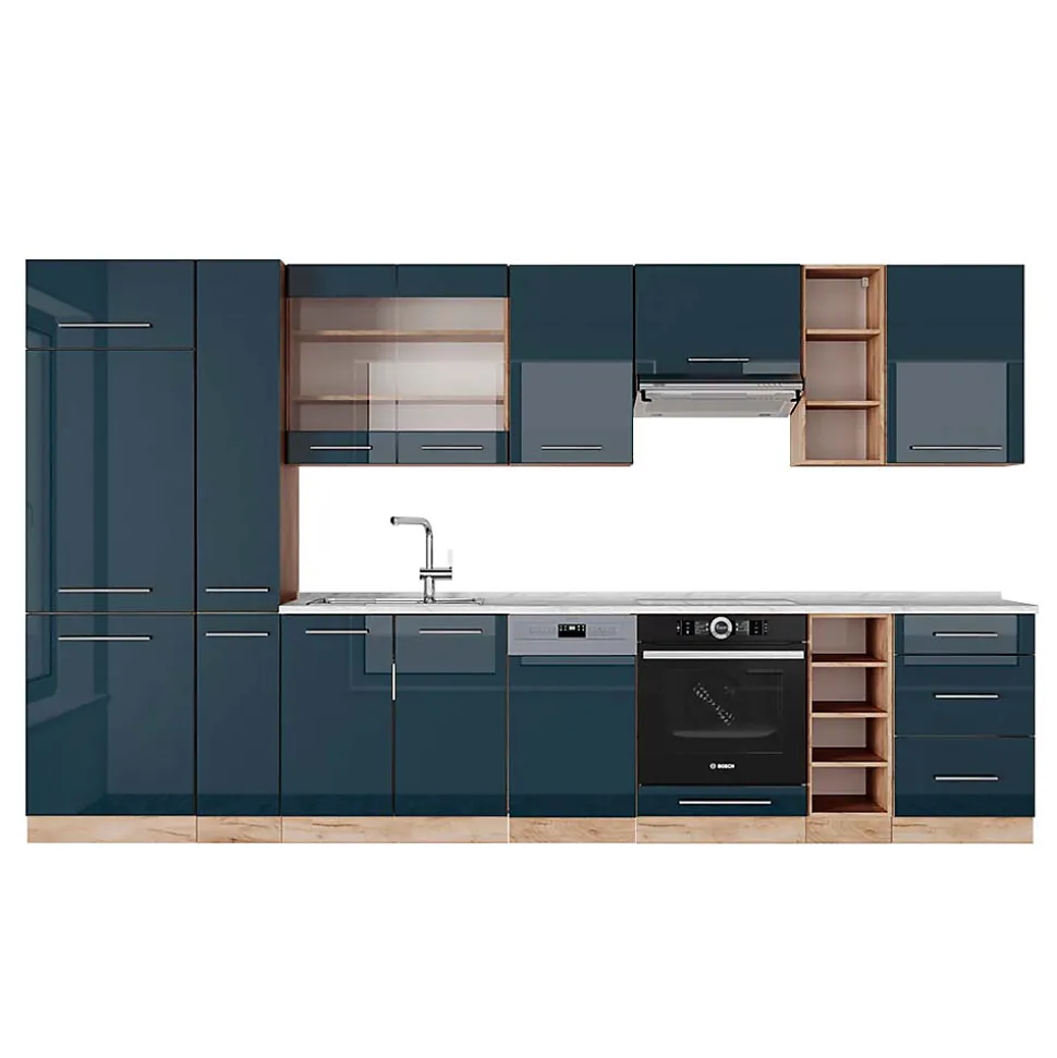 Vicco Cuisine bleu foncé brillant/chêne doré 355cm , PT Marbre