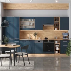 Vicco Cuisine bleu foncé brillant/chêne doré 355cm , PT Marbre