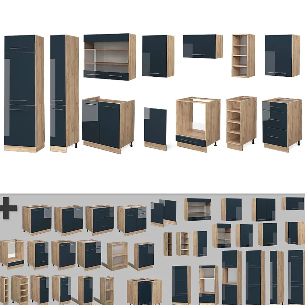 Vicco Cuisine bleu foncé brillant/chêne doré 355cm , PT Marbre