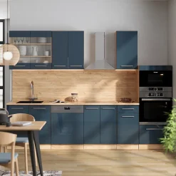 Vicco Cuisine bleu foncé brillant/chêne doré 300cm avec armoire haute, PT Anthracite