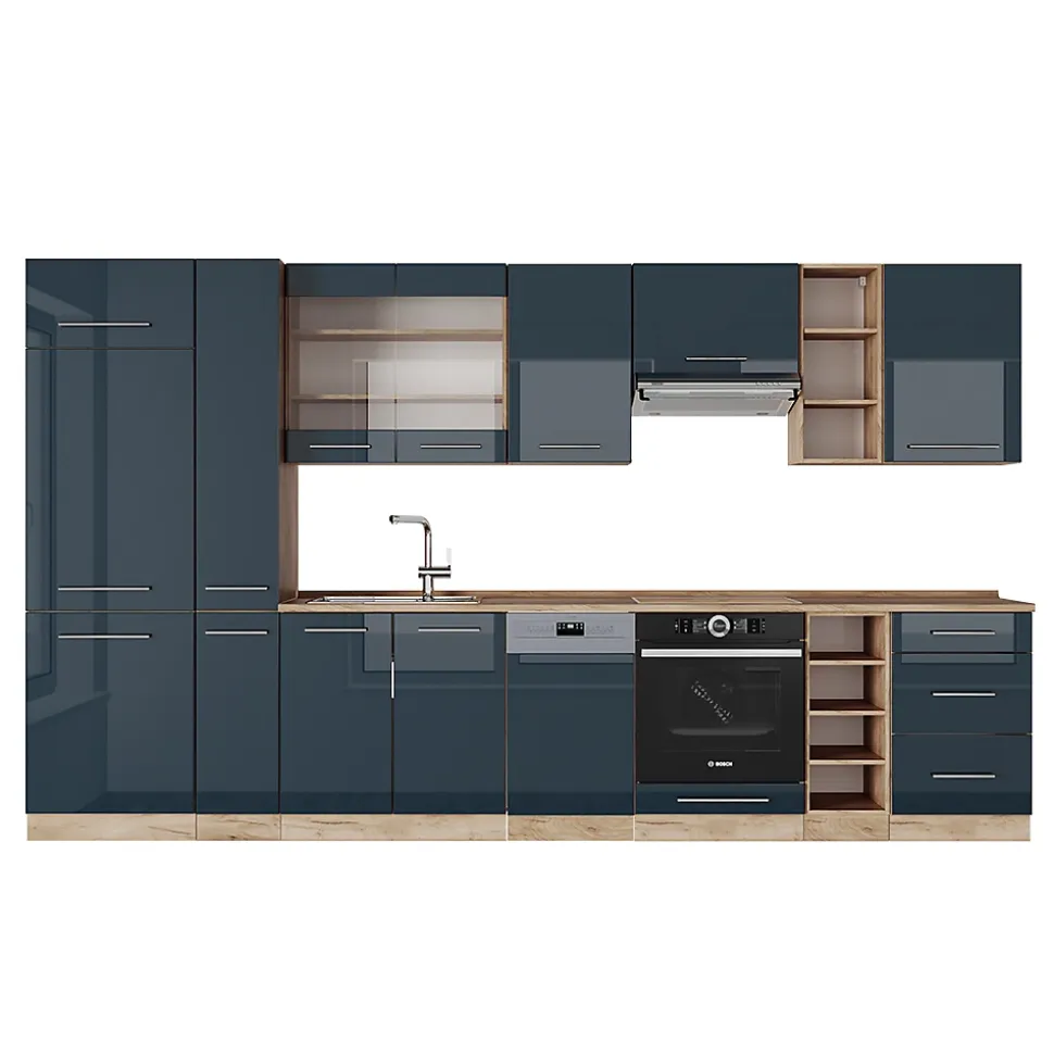 Vicco Cuisine bleu foncé brillant/chêne doré 355cm , PT Chêne