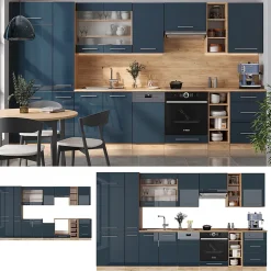 Vicco Cuisine bleu foncé brillant/chêne doré 355cm , PT Chêne