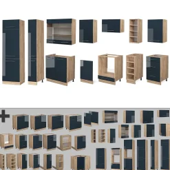 Vicco Cuisine bleu foncé brillant/chêne doré 355cm , PT Chêne