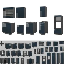 Vicco Cuisine Bleu foncé brillant/Anthracite 300cm avec armoire haute, PT Chêne