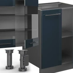 Vicco Cuisine Bleu foncé brillant/Anthracite 300cm avec armoire haute, PT Chêne