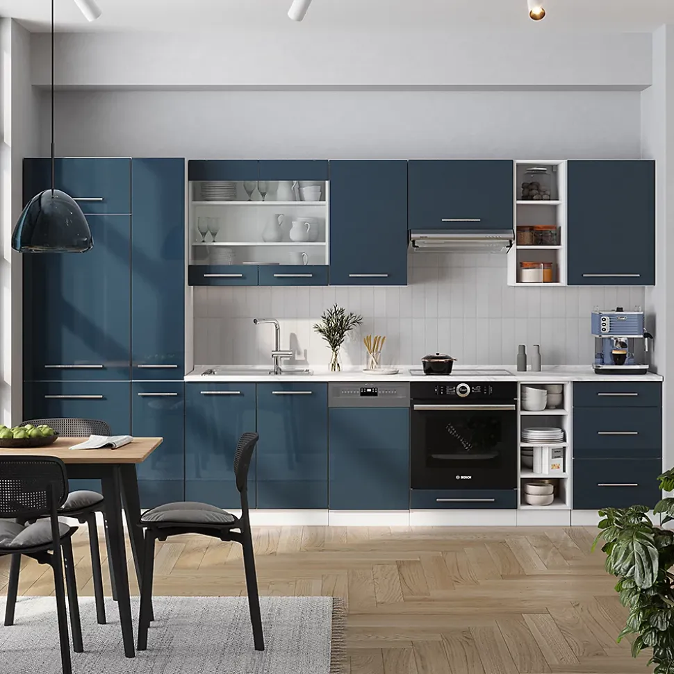 Vicco Cuisine bleu foncé brillant/blanc 355cm , PT Marbre