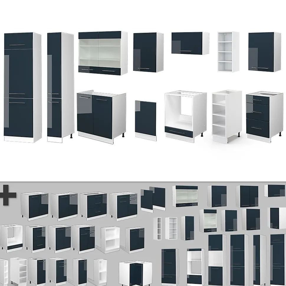 Vicco Cuisine bleu foncé brillant/blanc 355cm , PT Marbre