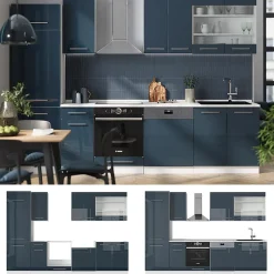 Vicco Cuisine bleu foncé brillant/blanc 300cm , PT Chêne