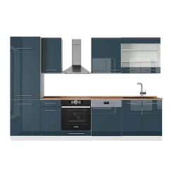Vicco Cuisine bleu foncé brillant/blanc 300cm , PT Chêne