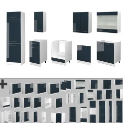 Vicco Cuisine bleu foncé brillant/blanc 300cm , PT Chêne