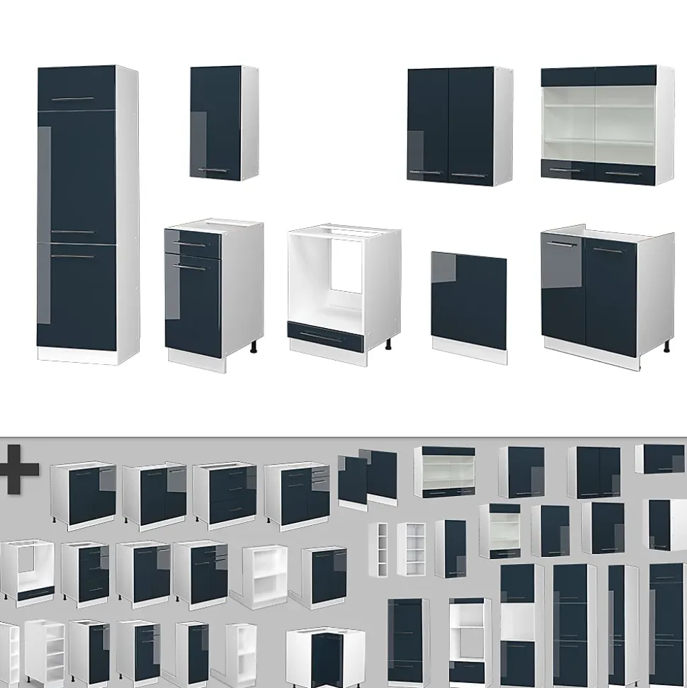 Vicco Cuisine bleu foncé brillant/blanc 300cm , PT Chêne