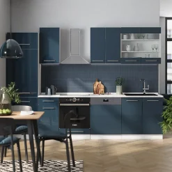 Vicco Cuisine bleu foncé brillant/blanc 300cm , PT Chêne