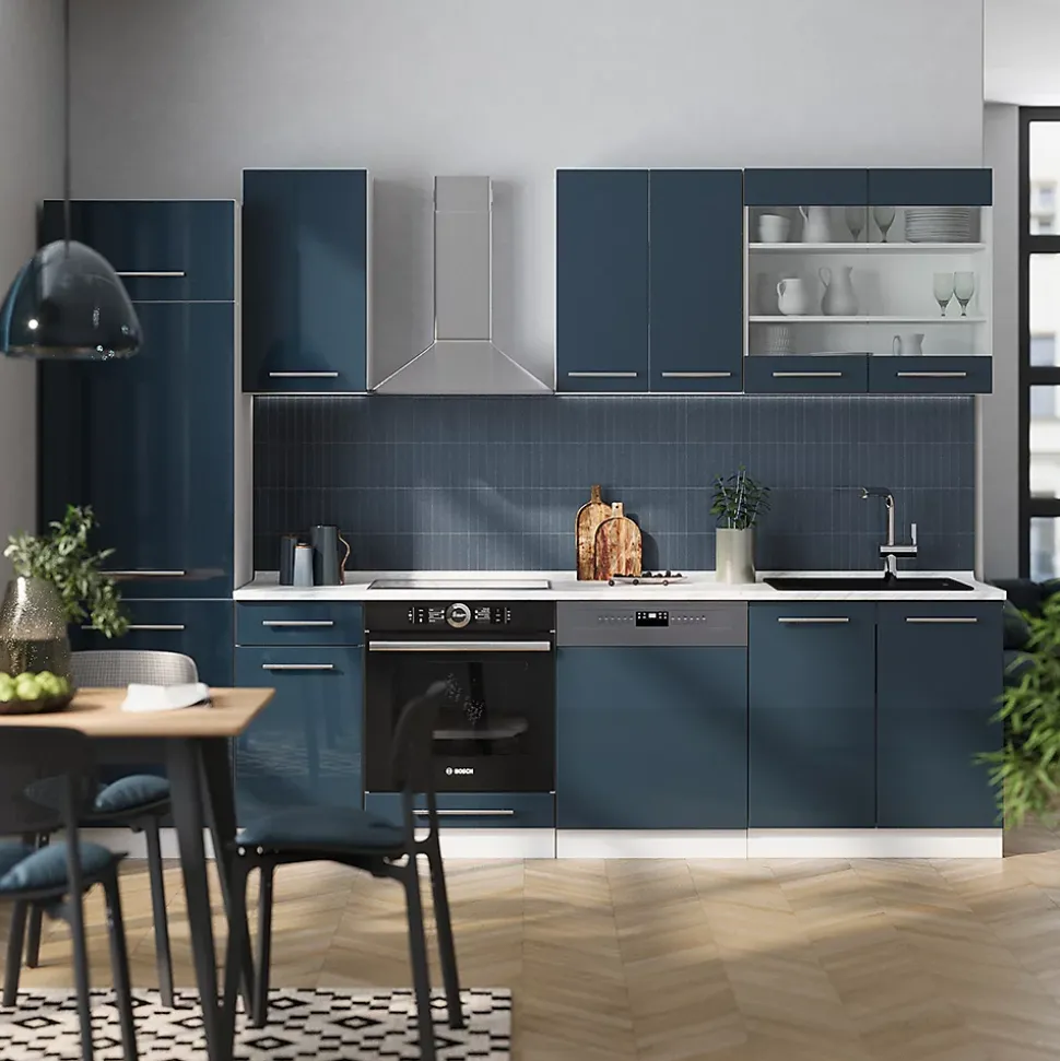 Vicco Cuisine bleu foncé brillant/blanc 300cm , PT Chêne