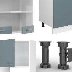 Vicco Cuisine Bleu-gris 300cm avec armoire haute, PT Marbre