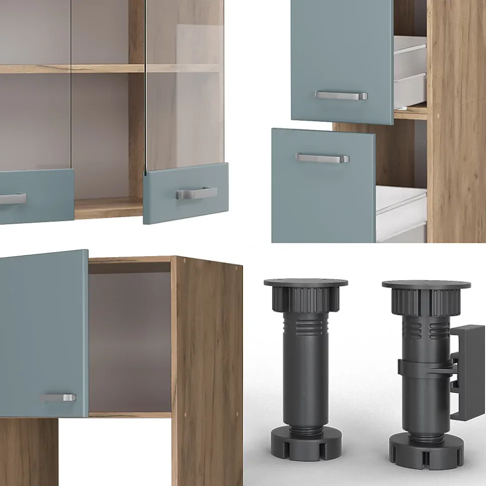 Vicco Cuisine Bleu-gris/chêne doré 350cm avec armoire haute, PT Marbre