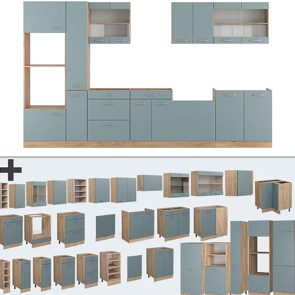 Vicco Cuisine Bleu-gris/chêne doré 350cm avec armoire haute, PT Marbre