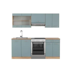 Vicco Cuisine Bleu-gris/chêne doré 200cm sans PT