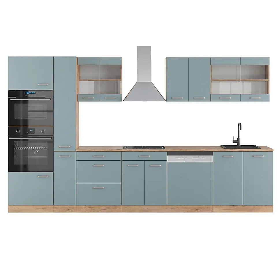 Vicco Cuisine Bleu-gris/chêne doré 350cm avec armoire haute, PT Chêne