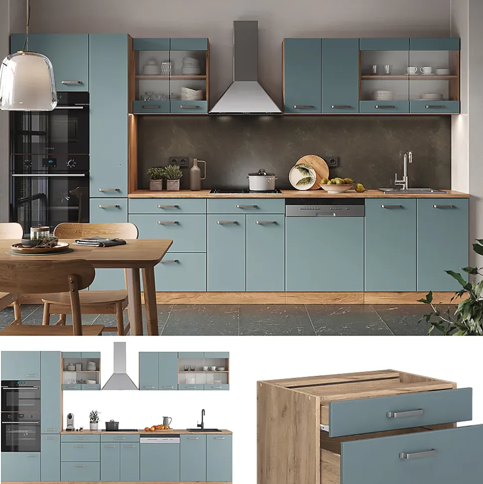 Vicco Cuisine Bleu-gris/chêne doré 350cm avec armoire haute, PT Chêne