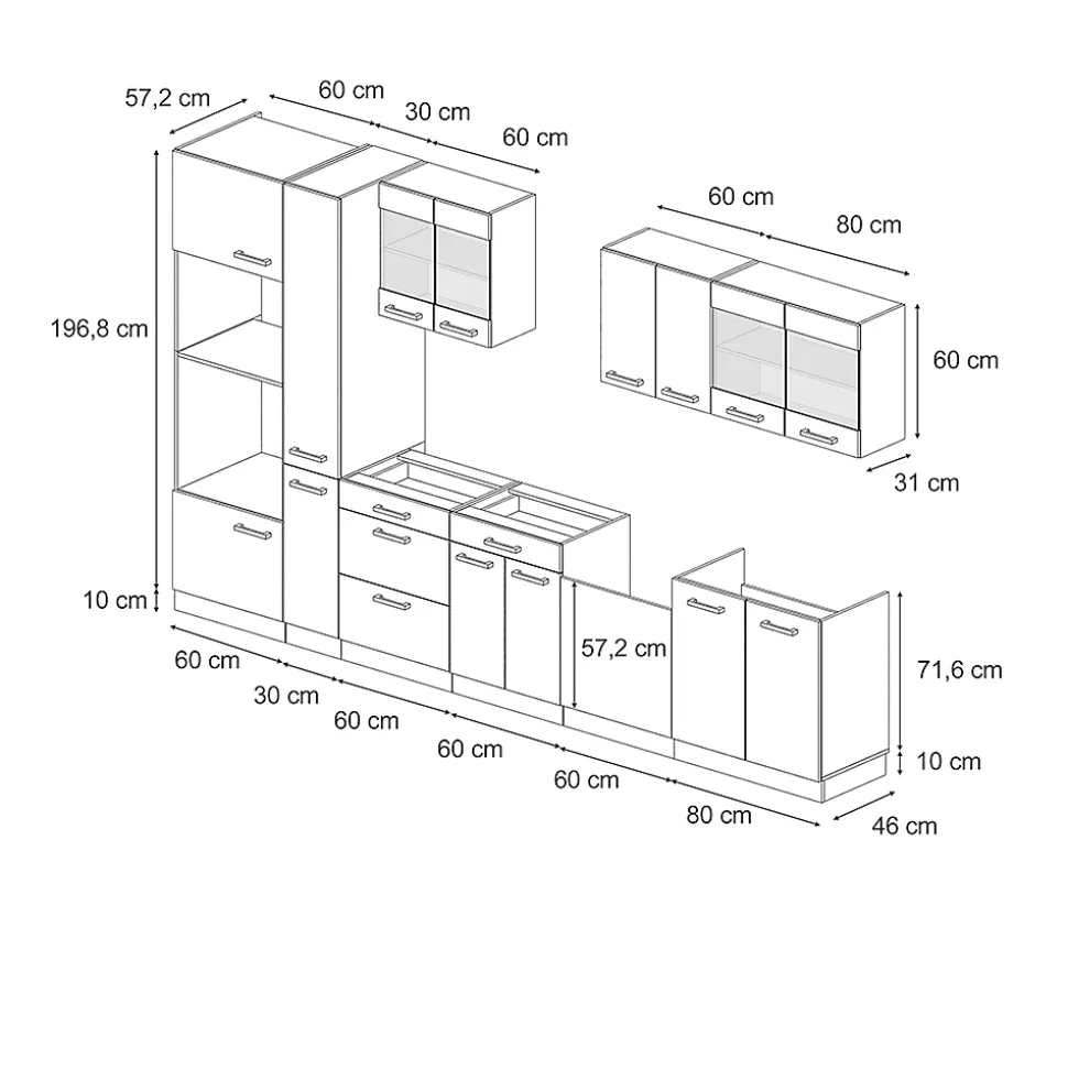 Vicco Cuisine Bleu-gris/chêne doré 350cm avec armoire haute, PT Chêne