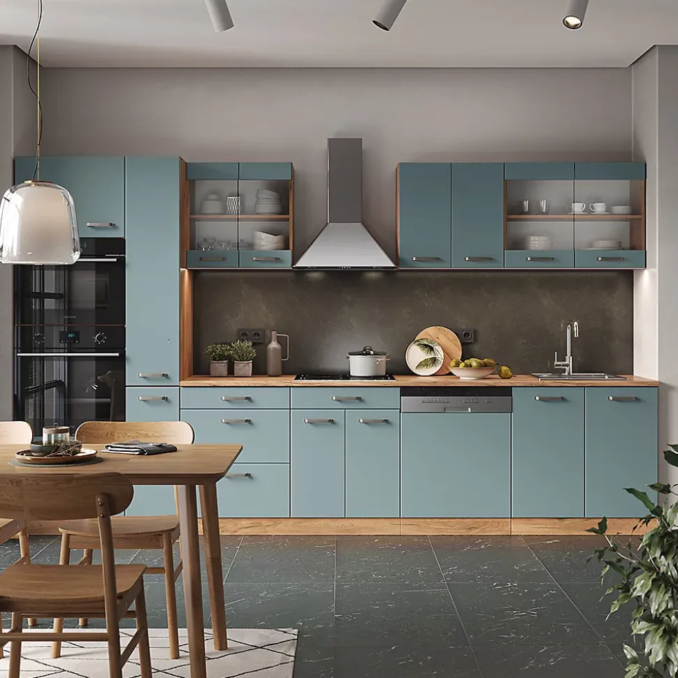 Vicco Cuisine Bleu-gris/chêne doré 350cm avec armoire haute, PT Chêne