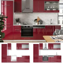 Vicco Cuisine Bordeaux haute brillance/blanc 300cm , PT Chêne