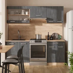 Vicco Cuisine Béton noir/chêne doré 200cm sans PT