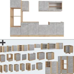 Vicco Cuisine Béton/force dor Chêne 300cm avec armoire haute, sans PT