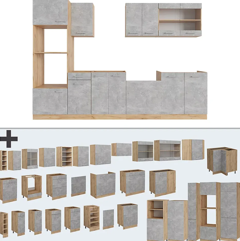 Vicco Cuisine Béton/force dor Chêne 300cm avec armoire haute, sans PT