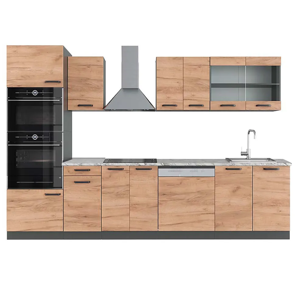 Vicco Cuisine Chêne doré/anthracite 300cm avec armoire haute, PT Marbre